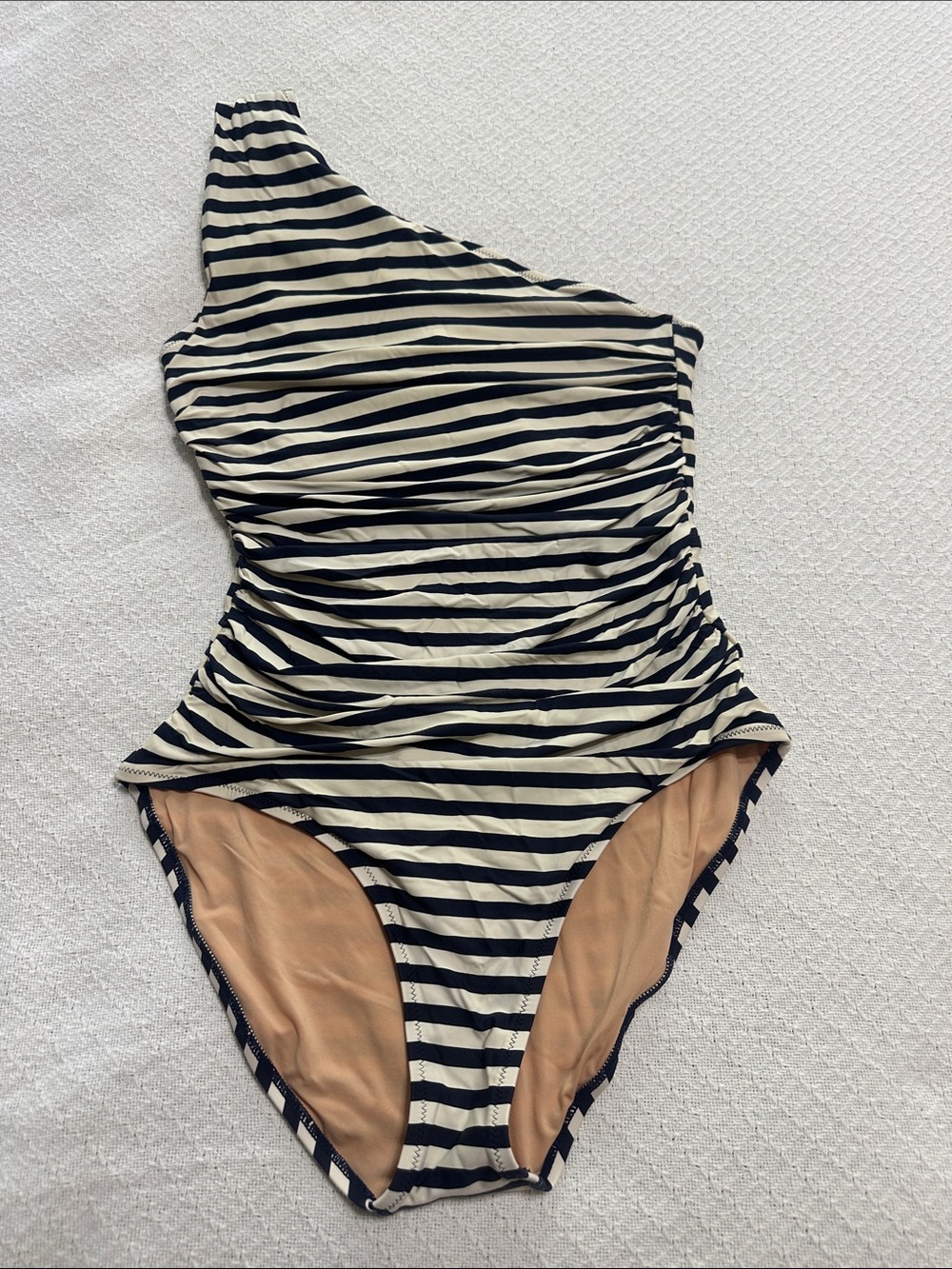 Striped One-Shoulder Kids One-Piece Swimsuit in Navy and Cream Medium